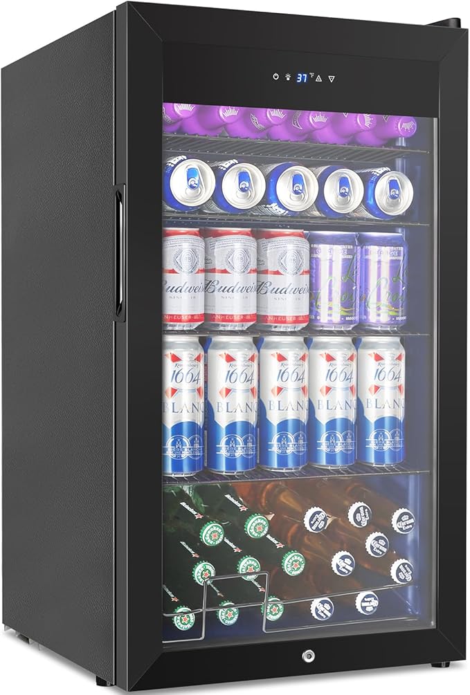 128 Cans Beverage Refrigerator Cooler, 3.2 Cu.Ft Mini Drink Fridge Glass Door for Drink Beer Soda Wine, Small Beer Fridge with 4 Removable Shelves for Kitchen Bedroom, Office Bar Gaming Room, Black by Velieta-SpecialistinFridge