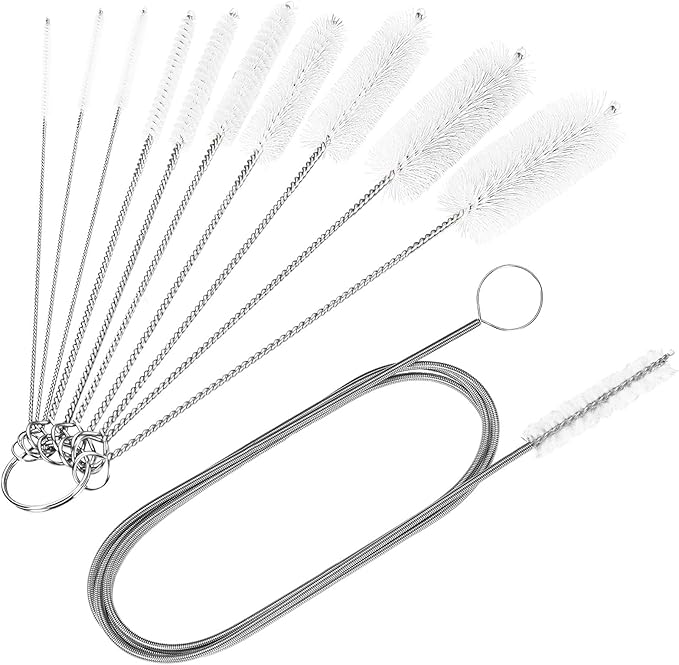 CiaraQ Bottle Cleaning Brushes, 8 Inch Nylon Tube Brush Set & A Flexible Long Drain Brush 60 inch, Cleaner for Narrow Neck Bottles Cups with Hook, Set of 11pcs, White by CiaraQ