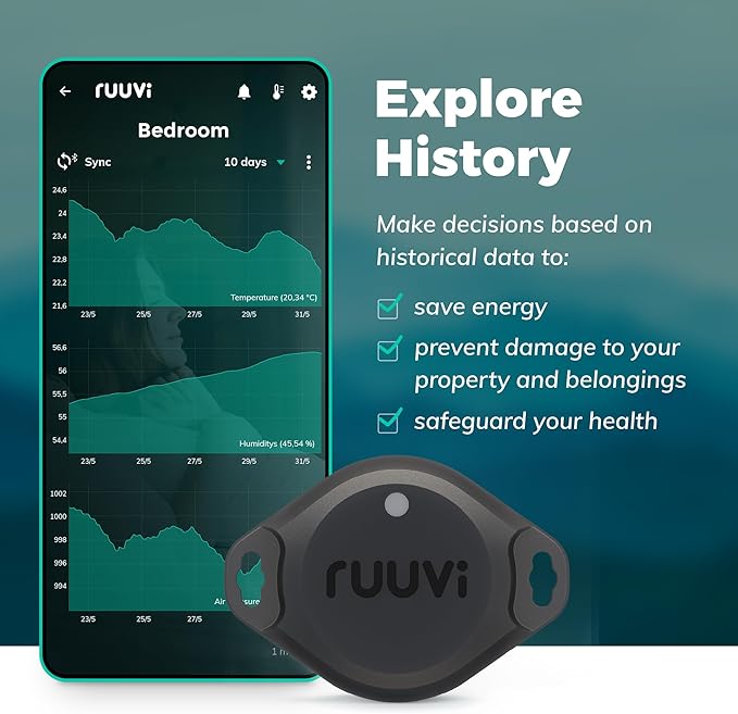 RuuviTag Pro 4in1 Wireless Bluetooth Temperature (°C/°F), Air Humidity, and Air Pressure. Alerts & History. Free Android/iOS apps. Integrates with Victron, Homey, and Home Assistant. Made in Europe. - Image 5