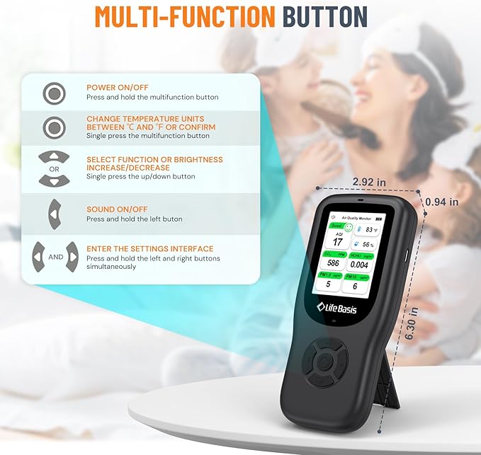 LifeBasis Air Quality Monitor Indoor, 11-in-1 Air Quality Detector with Stand, Real-Time Air Meter Test AQI, PM1.0, PM2.5, PM10, CO2, TVOC, HCHO, Particles, Temperature and Humidity, Dual Alert -Black - Image 7