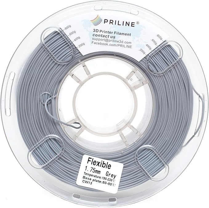 TPU Filament，PRILINE 98A TPU Flexible Soft 3D Printer Filament，1KG 1.75mm Spool Durable Flexible Material, Grey - Image 4