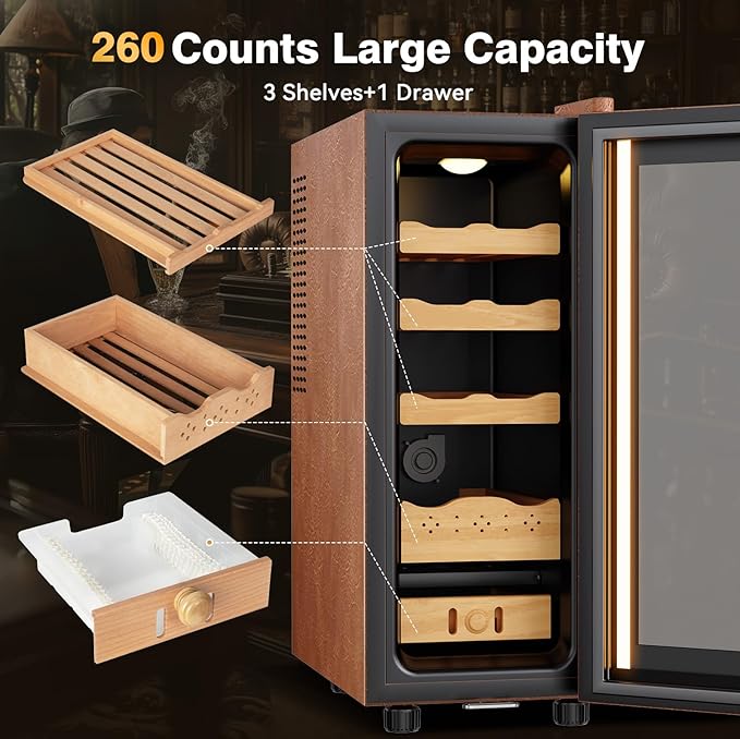 Electric Cooler Cabinet 35L with Temperature and Humidity Control, Leather Finish, Spanish Cedar Wood Shelves and Safety Lock (300 Counts Capacity), Gift for Men - Image 7