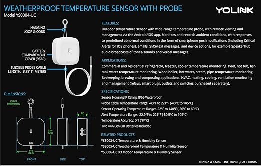 YoLink Weatherproof Fluid, Air, Surface Extreme High/Low Temperature Sensor with Probe, 1/4 Mile Long Range, YoLink Hub Required - Image 6