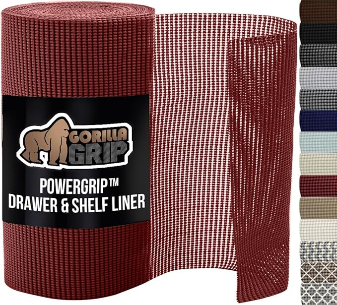 GORILLA GRIP powerGRIP Drawer Shelf and Cabinet Liner, Thick Strong Hold, Non-Adhesive Liners Protect Kitchen Cabinets and Cupboard, Bathroom Drawers, Easy Install, Breathable Mat, 12" x30', Red by GorillaGrip