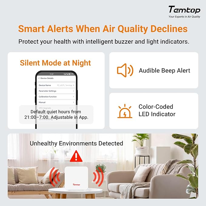 Temtop P2 Air Quality Monitor - CO2, PM2.5, PM10 Detector with Real-Time AQI, Temperature & Humidity Sensor, Bluetooth App for Home, Office, Car & Travel Use - Image 3