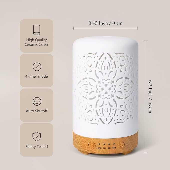 Earnest Living Essential Oil Diffuser White Ceramic Diffuser 100 ml Timers Night Lights and Auto Off Function Home Office Humidifier Aromatherapy Diffusers for Essential Oils - Image 3