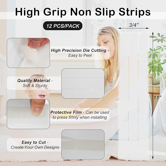 S&X Bathtub Non Slip Stickers,Gritty Textured Slip-Resistant Treads - 3/4 x 11 Inches - 12 of Pack (Clear) - Image 4