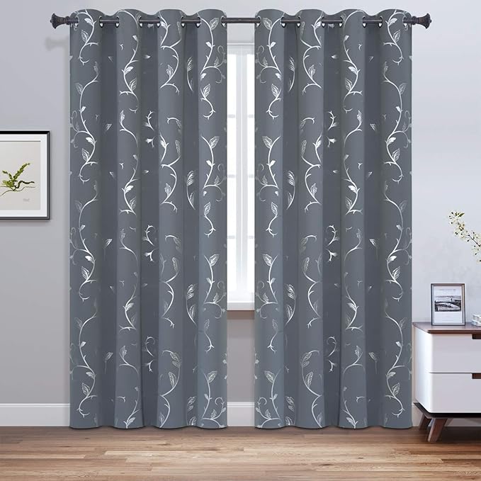 BUHUA Striped Blackout Curtains Grommet Top Wave Vine Pattern Room Darkening Curtains for Patio Door 52Wx84L Light Grey 2 Panels - Image 2
