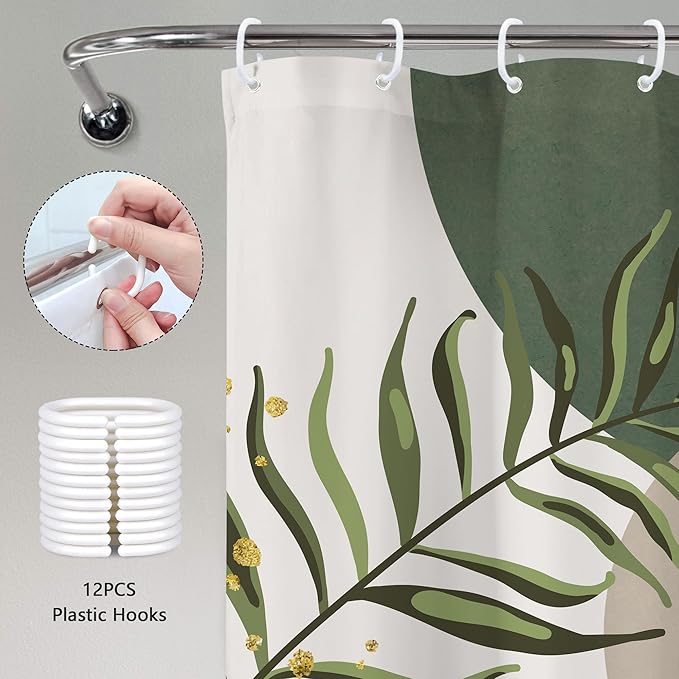 Boho Green Shower Curtain, Sage Bohemian Mid Century Modern 60Wx72H Bathroom Curtain, Abstract Gold Leaves Plant Olive Grey Minimalist Bathroom Decor Bath Curtain Polyester 12 Pack Hooks - Image 4