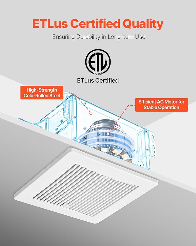 VEVOR Bathroom Exhaust Fan, 110 CFM Bathroom Vent, 1.5 Sones Low-Noise, Premium Motor Ceiling Fan, Standard 4-inch Duct Interface for Laundry Room, Storage Room, Home Ventilation, White - Image 6