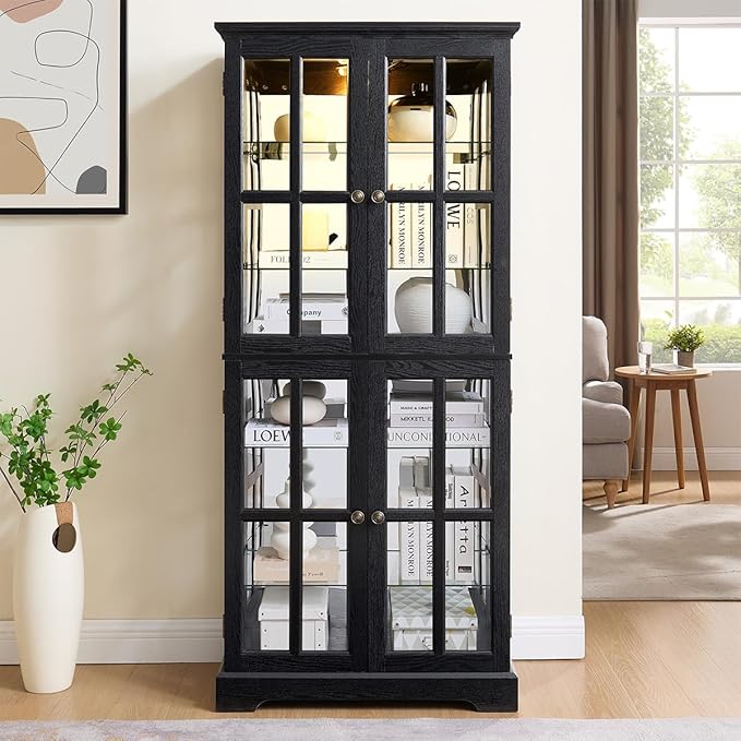 Lighted Glass Curio Cabinet with Lights & Adjustable Shelves,Curio Display Cabinet with Wood Frame & Glass Door,Corner Antique Display Case for Kitchen,Living Room,Office - Image 2