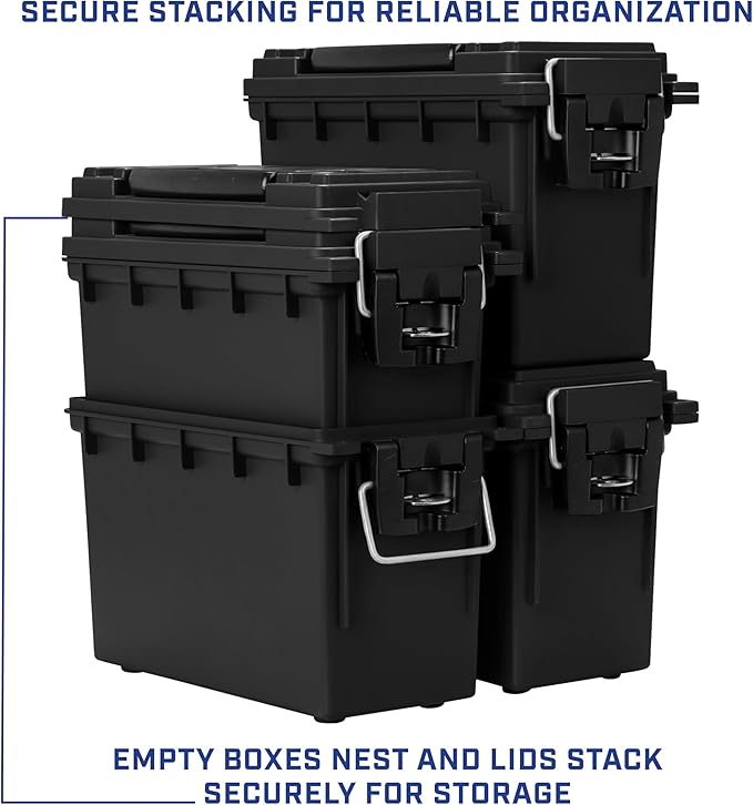 Sheffield 12790 2-Pack Ammo Storage Box, Stackable .30 Cal Field Boxes, Water and Dust Resistant, Lockable Storage Box with Handle, Secures Hunting Gear, Supplies, and Bullets, Made in USA, Black - Image 6