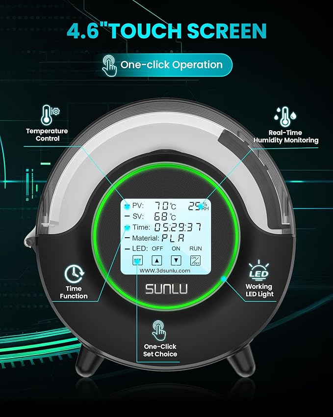SUNLU Official Filament Dryer S2, Upgraded 3D Filament Dryer with 360°Heating Fan, Filament Dehydrator, One-Key Set with 4.6" Touch Sreen, Compatible with 1.75 2.85 3.00mm PLA PETG ABS Filament, Black - Image 4