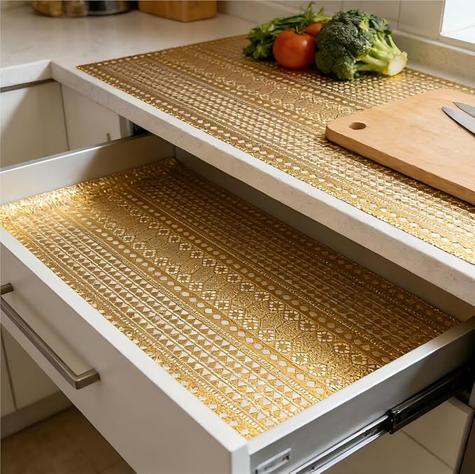 Shelf and Drawer Liner for Kitchen Cabinet,Non-Adhesive Waterproof Oil-Proof Easy Clean Shelf Liner for Dresser & Bathroom Vanities with Adhesive Dots & Cutting Tool(12 in X 10 Ft Gold Lace) - Image 3