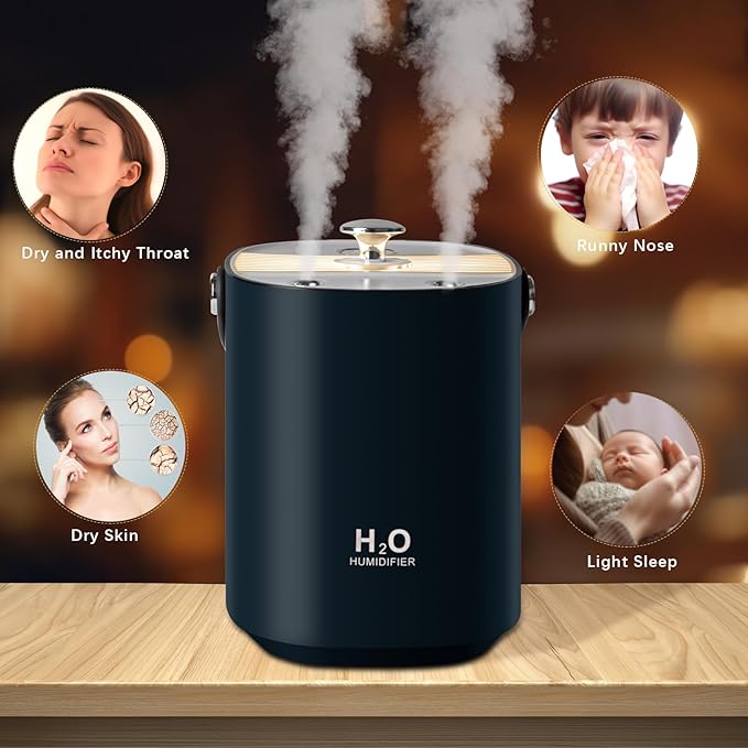 Humidifiers for bedroom,1.2L Portable Cool Mist Humidifiers Auto Shut-Off USB Desk Humidifier,with Warm Night Light and Dual Nozzle Design for Bedroom Travel Office（Blue） - Image 4