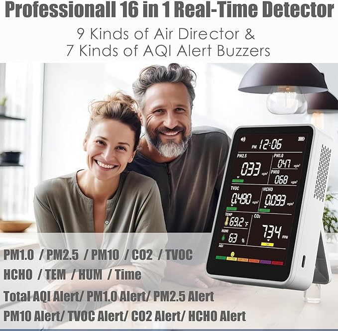 Professional Indoor Air Quality Monitor with AQI Alarms, Portable Real-Time Detector for Home Cars Plants and Pets (Grey) - Image 2
