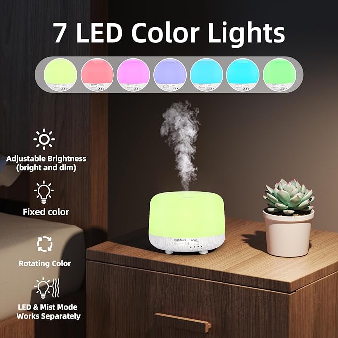 300ML Essential Oil Diffuser, Cool Mist Air Aromatherapy Oil Diffuser with Remote Control, 8 Hour Quiet Home Diffuser, 7 LED Light Colors, Timer,for Small Rooms Bedrooms. - Image 6