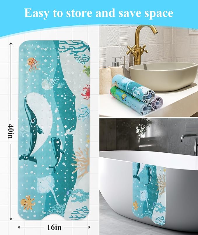 Bath Mat for Tub Non Slip, Machine Washable Anti-Slip Cartoon Baby Bathtub Shower Mat with Drain Holes and Suction Cups for Toddler & Kids, 40 Inch x 16 Inch, Whales - Image 6
