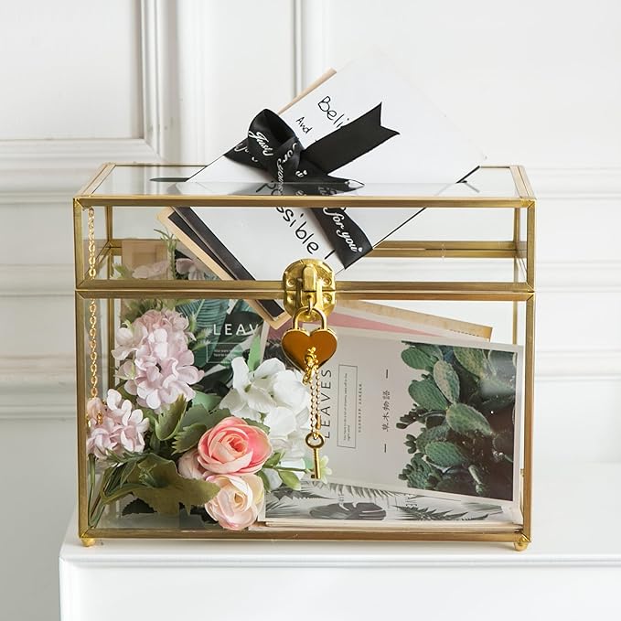 Glass Wedding Card Box with Slot, 10.2 inch Clear Card Box Gold Brass Gift Card Storage Box with Lock Perfect for Wedding Receptions, Baby Shower, Birthday Party, Bridal Shower - Image 2