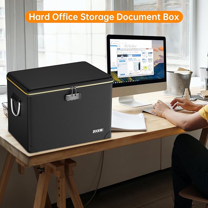 Fireproof Document Box,Hard Case File Organizer with Fireproof Zipper&Threads,Non-Foldable Filing Cabinet with Lock, Portable Office Safe Box Storage for Hanging Letter Folder,Valuables,Black - Image 7