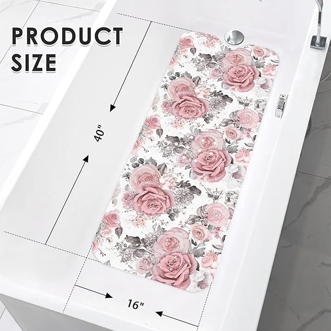 Pink Flower Leaves Bath Mat Non Slip, Floral Rose Spring 40 X 16 Inch Extra Long Bathtub Shower Mat for Tub Anti Slip with Suction Cups and Drain Holes for Kids Adults Elderly - Image 2