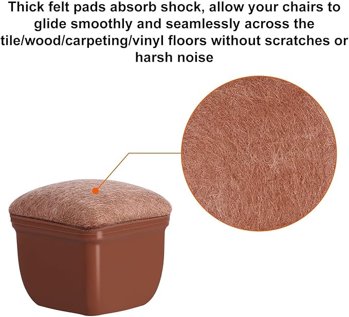 Ezprotekt 24 Pcs Square Chair Leg Floor Protectors with Felt, Silicone Felt Furniture Pads Cups for Hardwood Floor, Dining Table Leg Caps Covers No Scratches (L Fit: 1" to 1.4", Brown) - Image 2