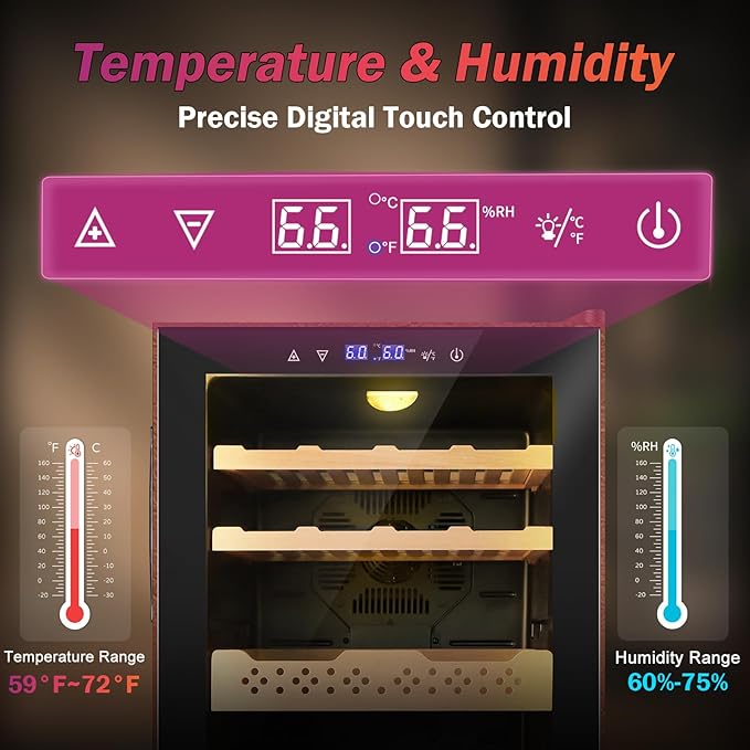 Electric Humidor with Leather-70L Cooling & Heating Humidor, Smart Touch Control Humidity & Temp, Humidors wtih Spanish Cedar Wood Tray and Drawer, Digital Display, Safety Lock, Desktop Gift for Men - Image 2
