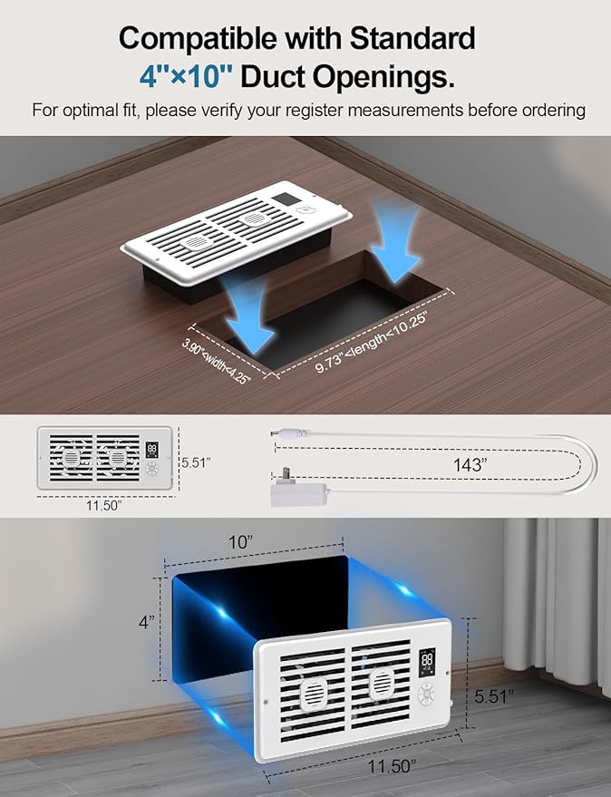 Smart Register Booster Fan with Aromatherapy Function, White - Quiet Vent Fan for Improved Heating & Cooling Efficiency, Adjustable Speeds, Powered Vent Register for 4” × 10” Vents - Image 5