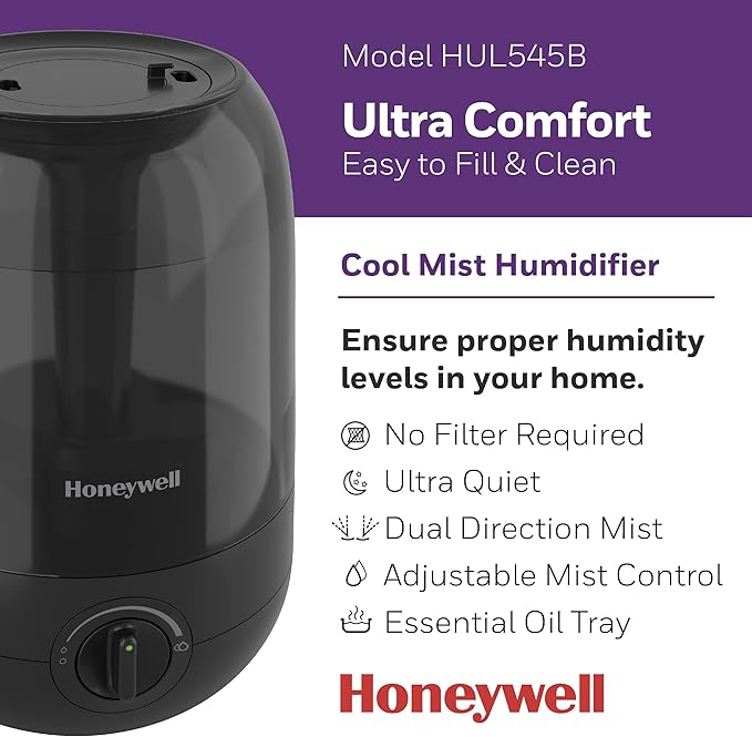 Honeywell Ultra Comfort Cool Mist Humidifier, No Filter, Easy to Fill and Clean, Cleaning Brush Included, Ultra Quiet, Use With Essential Oils for Extra Comfort, Black, HUL545B - Image 2