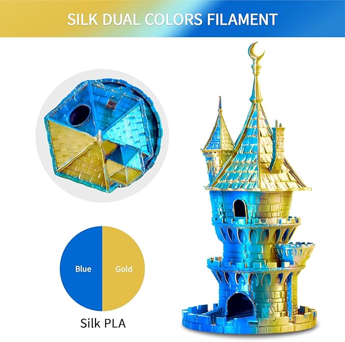 ERYONE Silk Dual Color PLA Filament 3D Printer 1.75mm +/- 0.03mm, Bicolor Filament Two Tone PLA 1KG(2.2lbs) Cardboard Spool, Gold Blue - Image 4