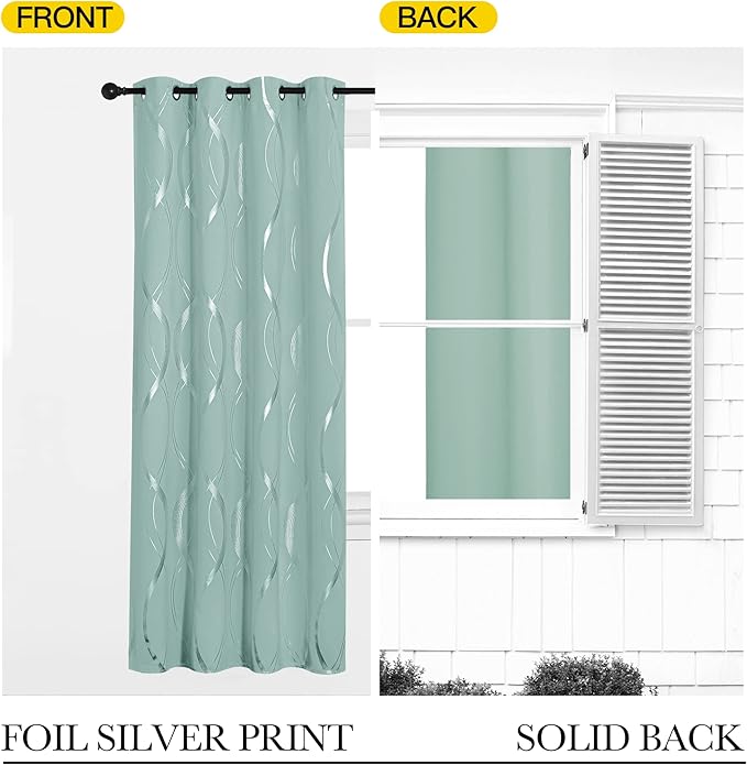 NICETOWN Aqua Blue Foil Print Curtains 90 inch Long for Patio, Wave Silver Line Pattern Drapes Contemporary Style for Elegant Home Decoration, W52 x L90 inch, 2 Panels - Image 6