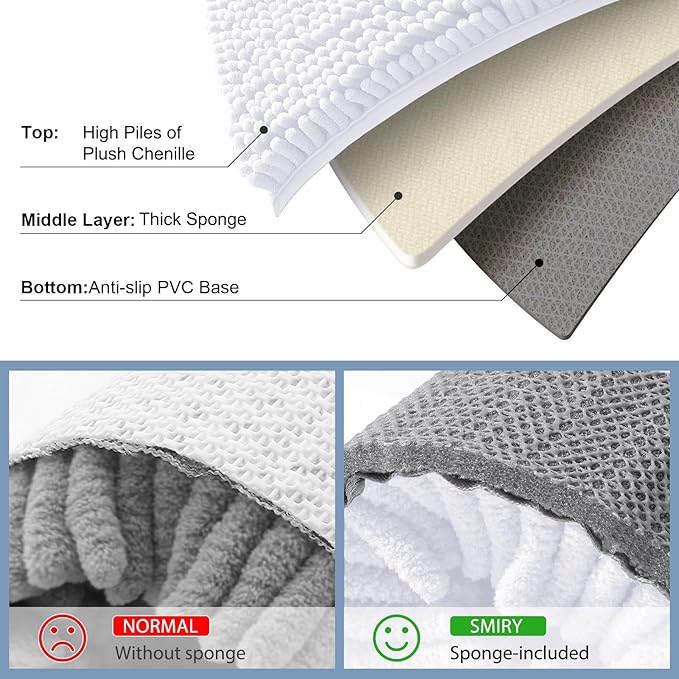 Smiry Luxury Chenille Bathroom Rugs 70x24, Extra Soft and Absorbent Shaggy Bath Mat, Machine Washable, Non-Slip Plush Carpet Runner for Tub, Shower, and Floor, Home Decor Accessories, White - Image 5