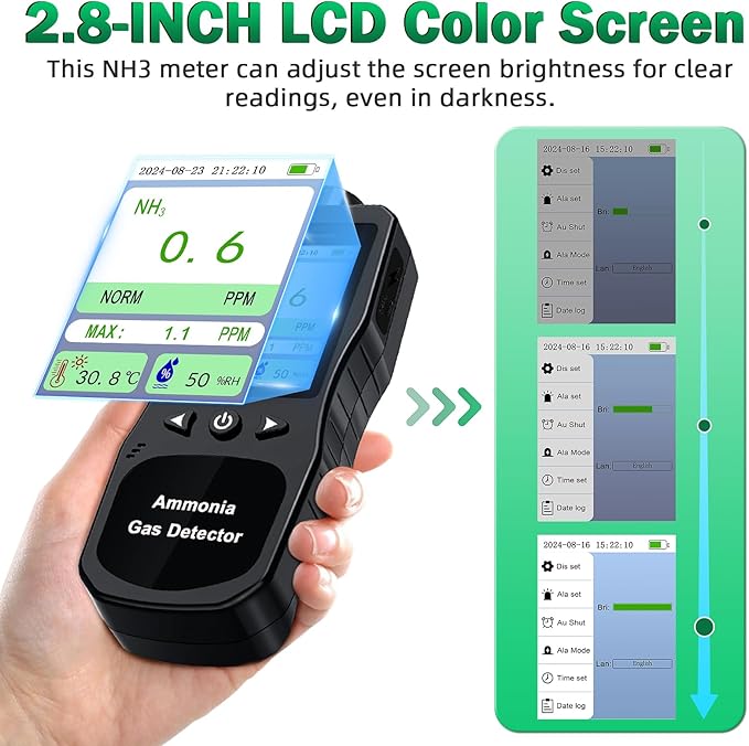 Portable Ammonia Gas Detector, 0-200 PPM Rechargeable Ammonia Gas Monitor, Digital Air Quality NH3 Gas Meter with Temperature Humidity Tester for Farm, Poultry, Pig & Livestock - Image 8