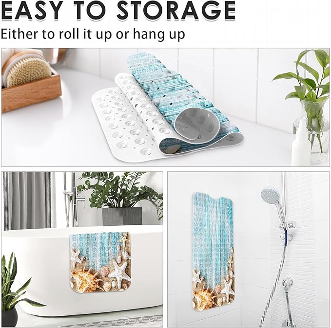 Seashells Summer Bath Mat Non Slip, Space Beach Wood 40 X 16 Inch Extra Long Bathtub Shower Mat for Tub Anti Slip with Suction Cups and Drain Holes for Kids Adults Elderly - Image 5
