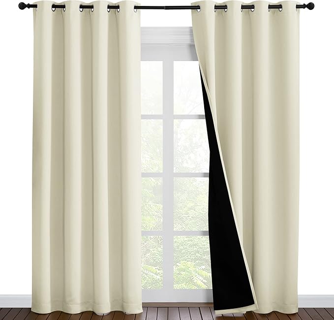 NICETOWN Living Room Completely Shaded Draperies, Privacy Protection & Noise Reducing Ring Top Drapes, Black Lined Insulated Window Treatment Curtain Panels (Beige, 2 Pieces, W55 x L86) by NICETOWN