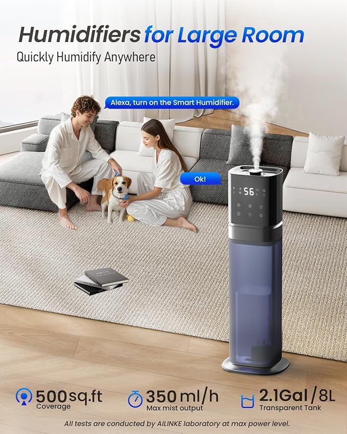 Smart Humidifier Large Room, 2.1Gal/8L Humidifiers for Bedroom with Extended Tube&Night Light, Whole House Cool Mist Humidifiers, WIFI App&Voice Control, School/Office/Warehouse, Dark Blue - Image 2