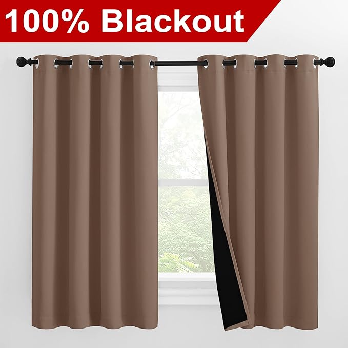 NICETOWN Bedroom Full Blackout Curtain Panels, Super Thick Insulated Window Covers, Keeping Out Cold Air and Heat 100% Blackout Blinds with Black Liner (Cappuccino, Set of 2 PCs, 55 by 57-inch) - Image 2