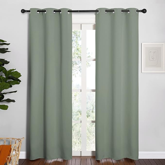 NICETOWN Window Curtain Panels, Thermal Insulated Solid Grommet Blackout Draperies/Drapes for Basement (Greyish Green, 1 Pair, 34 by 84-inch) by NICETOWN