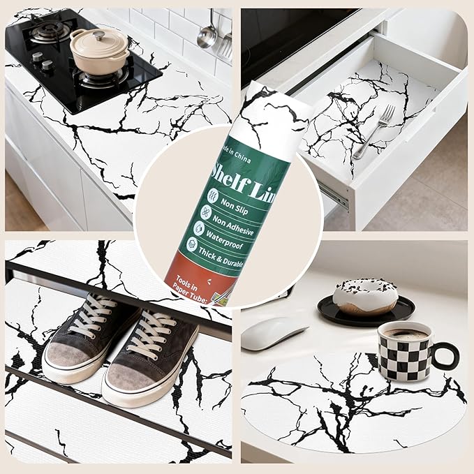 2-Layer Drawer and Shelf Liner for Kitchen Cabinet: 12 in X 20 Ft Non Slip Waterproof Shelf Paper Non Adhesive Refrigerator Liners White/Black Marble Easy Liners for Bathroom with Knife Tape Measure - Image 9