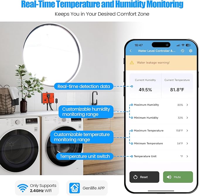 Ortis WiFi Power Failure & Water Leak Alarm, Real-Time Monitoring of Water Level, Temperature & Humidity, 110dB Siren with Flashing Light, APP Alerts, Ideal for Laundry Rooms & Basements - Image 3