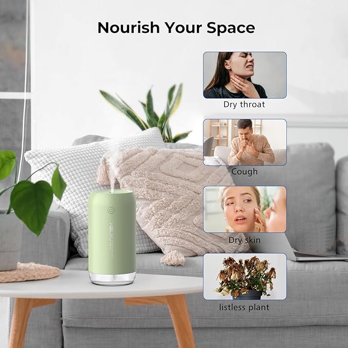 Portable Mini Humidifier, KQLKJ 350ml Small Cool Mist Humidifiers, USB Personal Desktop Humidifier for Bedroom Car Office Travel with Auto Shut-Off & 2 Mist Modes (Green) - Image 8