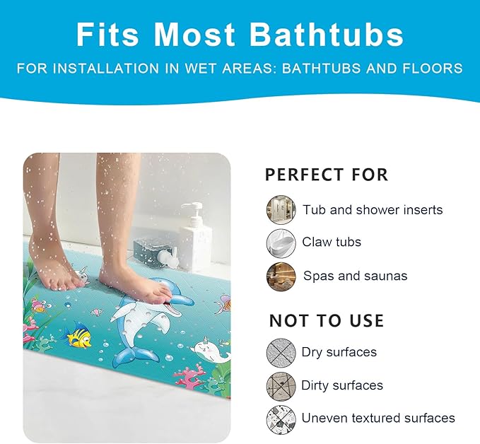 XIYUNTE Baby Bath Mat for Tub Non Slip Kids Bath Mat - 40''x16'' Extra Long Cartoon Bathtub Mat Non Slip Kids Shower Mat Eco-Friendly Toddler Bath Mats with Suction Cups, Machine Washable - Image 7