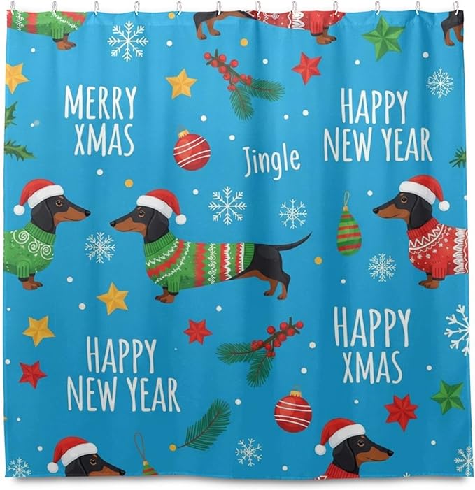 Christmas Santa Dog Blue Shower Curtain Liner 72×72 inch for Bathroom Curtain Anti Mold Shower Curtain with Hooks Bathroom Accessories - Image 2