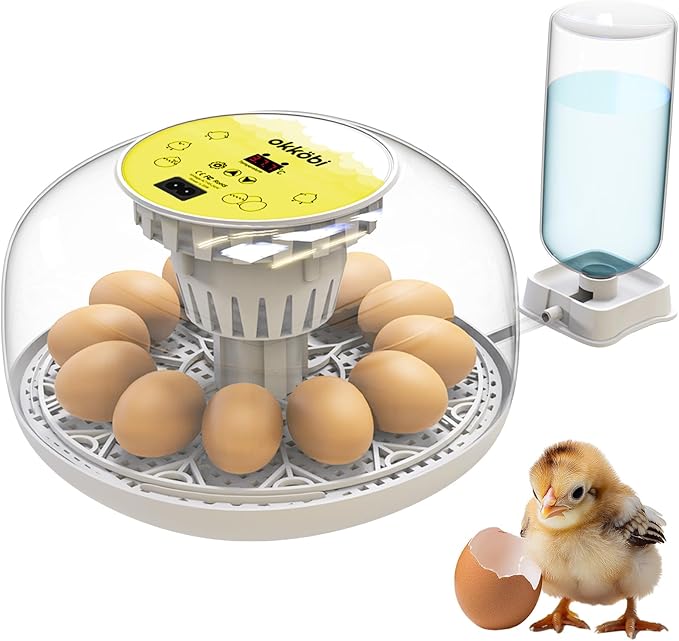 Okkobi M12 Egg Incubator with Automatic Turner and Humidity Control - 12/24 Eggs, 360° View, Easy to Use and Clean - Incubadora de Huevos de Gallina - Incubators for Hatching - White & Yellow by OKK%C3%96BI