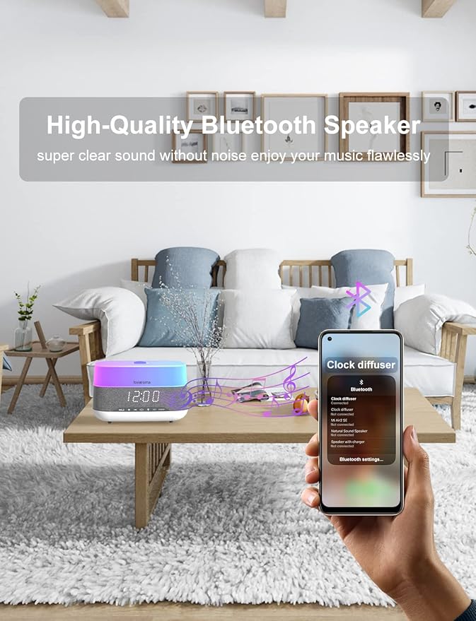 Versatile Essential Oil Diffuser, 300ml Aroma Diffuser with Bluetooth Speaker and Alarm Clock, 7 Colors LED Light Aromatherapy Diffusers & Cool Mist Humidifier 3-Level Brightness, Auto-Off Protection - Image 3