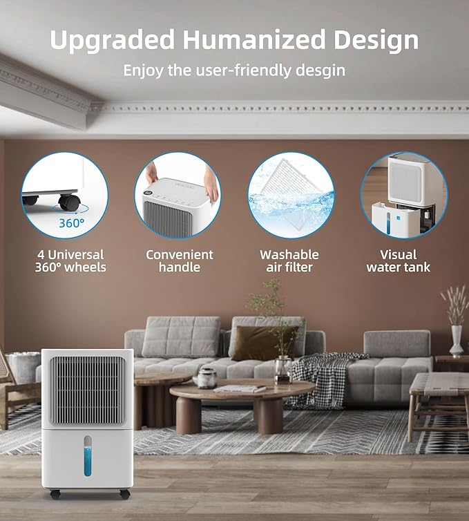 VEAGASO 2500 Sq. Ft Dehumidifier for Basement, 34 Pint Dehumidifiers For Home, Large Room, Auto Drain or Manual Drainage, Digital Control Panel, Auto Defrost, 24H Timer - Image 6