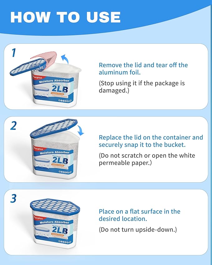 Vacplus Moisture Absorber Buckets – Large Capacity Dehumidifier and Humidity Absorber for Closet, Basement, Bathroom, RV, and Storage Areas, Unscented, 2 lbs, 4 Pack - Image 6