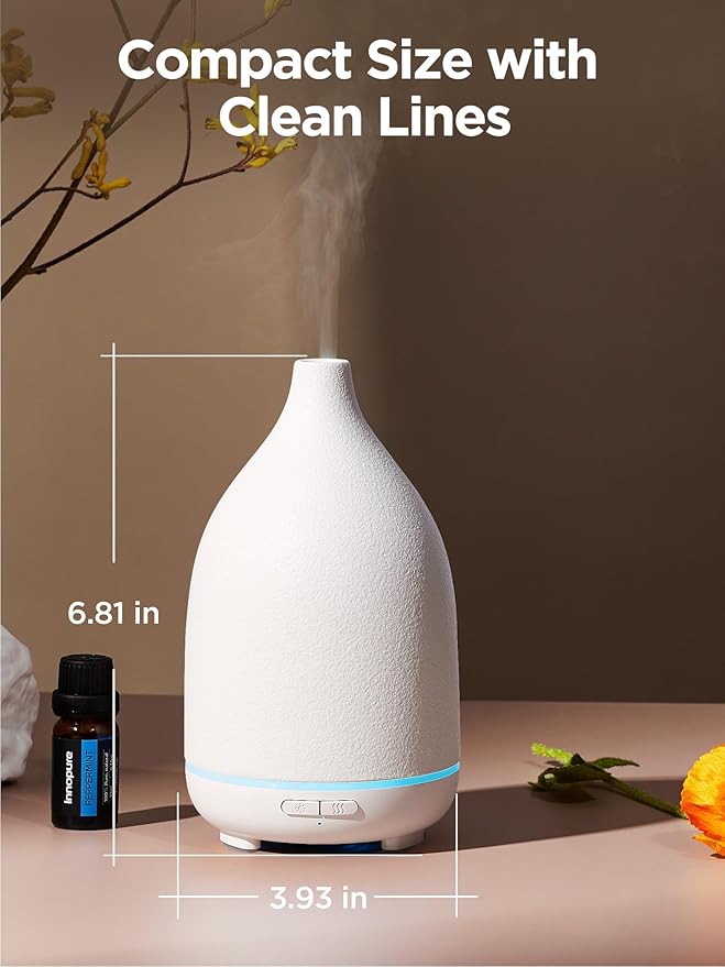 InnoGear Oil Diffuser, 150ML Ceramic Diffuser for Essential Oils Handcrafted Aromatherapy Diffuser Ultrasonic Cool Mist Humidifier with 2 Mist Modes Waterless Auto Off for Room Office, White Base - Image 2