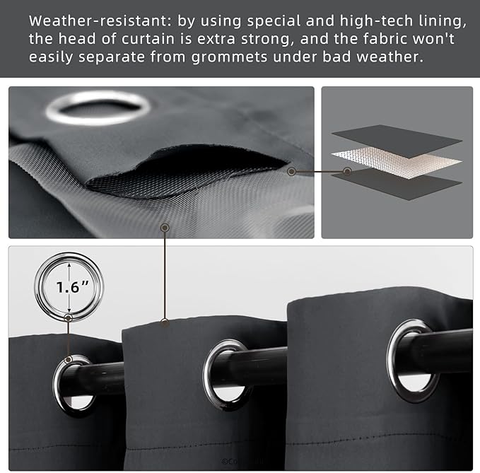 Outdoor Indoor Curtains W52 x L108 for Patio - Weather-resistant Window Panels Privacy Protect Grommet Top Thermal Insulated Home Curtain for Porch Pergola Garden (Dark Gray, 2 Panels) - Image 3