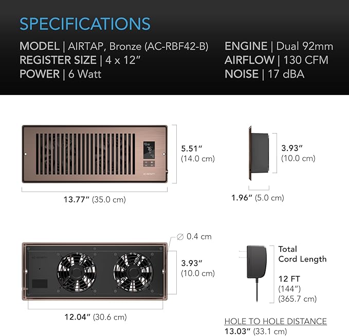 AC Infinity AIRTAP T4 Bronze, Register Booster Fan for 4” x 12” Register Holes, Improves Heating & Cooling Vents, Quiet 10-Speeds, Bluetooth App Control Data Alerts. ONLY FITS 4” x 12” Duct Openings - Image 6